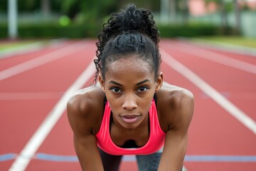 Poster - A woman in a pink tank top is standing on a track. She is looking at the camera with a serious expression