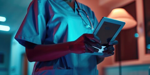 Wall Mural - A woman in a blue scrubs is holding a tablet in her hand. She is likely a doctor or nurse, as she is wearing a medical uniform. The tablet could be a device used for medical purposes