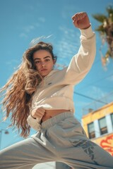 Wall Mural - A woman in a white hoodie and gray pants is posing for a picture. She is standing on a sidewalk and she is in a martial arts pose