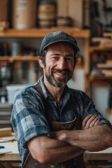 Wall Mural - A man with a plaid shirt and a hat is smiling and posing for a picture. He is wearing an apron and has his arms crossed. Concept of warmth and friendliness