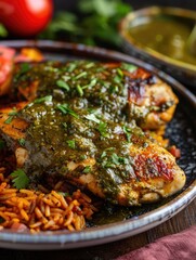 Wall Mural - A plate of chicken with a green sauce and rice. The chicken is cut into pieces and the sauce is spread over it. The rice is in the background