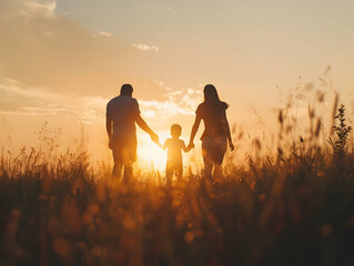 Happy Children's silhouettes at sunset, Happy family, Children jumping at sunset, Child care and mental protection, joyful and healthy children