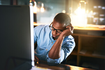 Fototapete - Tired businessman, night and sleeping with computer in stress, burnout or overworked at office. Exhausted man or bored employee asleep at desk in depression, fatigue or late deadline at workplace