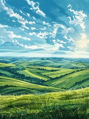 Sticker - A painting of a green field with a blue sky and clouds. The mood of the painting is peaceful and serene