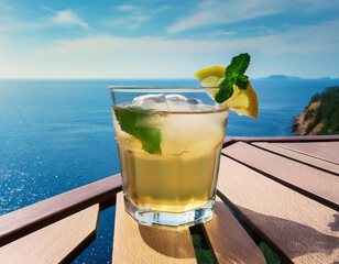 Wall Mural - A glass of iced cocktail standing on a tabletop against mediterranean sea.  Summer party concept, 