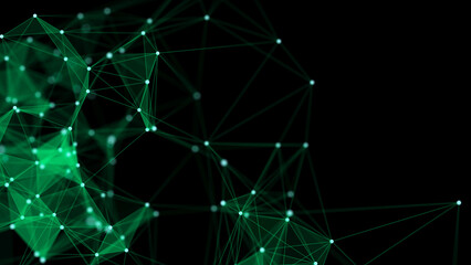 Wall Mural - Green abstract background with connection lines, dots and triangles. Technology network connection. Digital structure of particles. 3D rendering.