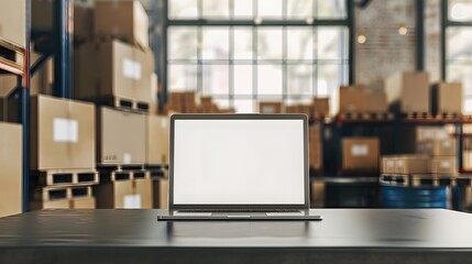 Online ecommerce store mockup, dropshipping business website concept. Table with laptop computer mock up blank white screen and shipping boxes, retail marketplace, warehouse delivery background. 