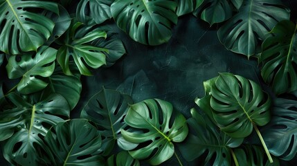 Poster - Monstera leaves arranged artistically on dark background Chic fashion design with botanical flair