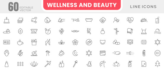 Wellness and beauty line icon set. Cosmetics services, spa treatments, skin care, massage, hyaluronic acid, serum, pore tighten, cosmetology line icon collection. UI thin outline icons pa