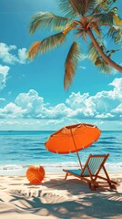 Wall Mural - Beach umbrella and beach chair on sea coast. Summer vacation concept.