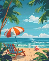 Wall Mural - Beach parasol with chair on summer background.