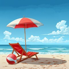 Wall Mural - Beach parasol with chair on summer background.