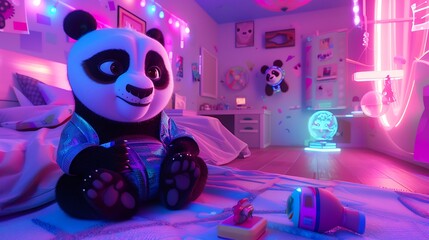 A tiny panda in a futuristic jumpsuit, playing with holographic toys in a modern, high-tech bedroom.