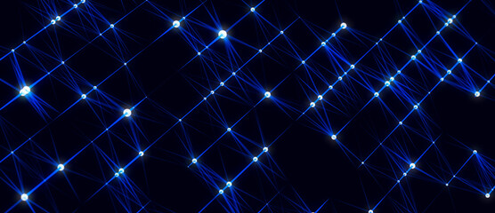 Wall Mural - Abstract grid with blue light on black background. Science background with moving dots and lines. Network connection technology. Digital structure with particles. 3d rendering.