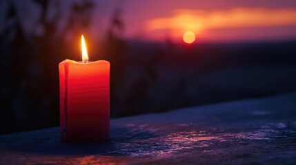 Wall Mural - A candle is lit on a table in front of a sunset. The candle is red and the sky is orange