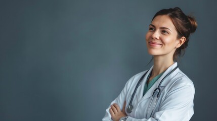 Wall Mural - A woman in a white lab coat is smiling and posing for a picture. She is a doctor and is wearing a green shirt