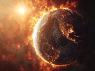 Wall Mural - a planet with a bright sun in the background and a fire in the foreground. the fire is orange and ye