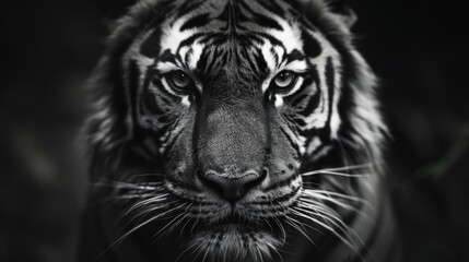 Wall Mural - a tiger is staring at the camera with its eyes wide open. the image is in black and white, giving it