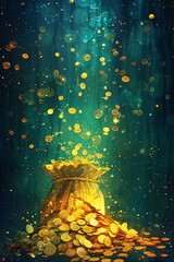 Wall Mural - adult illustration, as you immerse yourself in this picture, you will feel the magic of a standing bag filled with gold coins so much so that the gold coins spill out, sparkling with a bright golden l