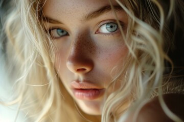 Poster - Intimate portrait of a young woman with freckles, showcasing her captivating eyes and natural beauty