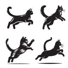 Wall Mural - Vector Cat Jumping Silhouettes, Black and White Jumping Cat Illustrations, Sleek Cat Jump Icons