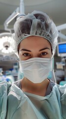 Wall Mural - photo of female doctor wearing surgical cap and mask, looking at camera, posted on snapchat, she is in an operating room, she has dark hair, brunette 