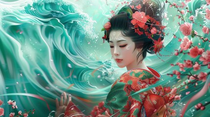 Wall Mural - A beautiful geisha in a traditional Japanese kimono, adorned with vibrant red and green floral patterns, stands gracefully amidst swirling colors of turquoise blue water waves, surrounded by delicate 