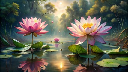 A painting of three pink flowers floating in a pond