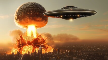 Futuristic Alien Spaceship Hovering Over a Massive Explosion and Fireball Over a Cityscape During a Fiery Apocalypse