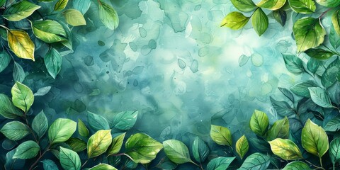 Wall Mural - Lush green foliage frame with watercolor background