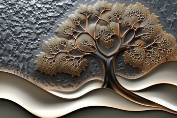 Stylized metallic bas relief of a lovely tree and rolling hills in blue, silver, black and copper