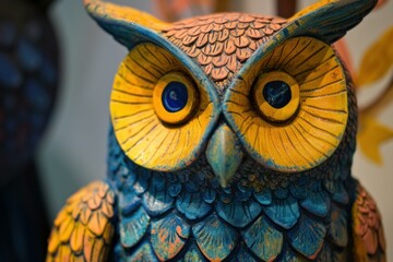 Vibrant, detailed close-up shot of a hand-painted ceramic owl with intricate patterns