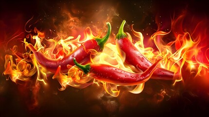 Flaming hot chili peppers on fire