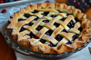 Sticker - Close-up of a homemade blueberry pie with a golden crust on a kitchen table