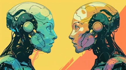 Wall Mural - illustration of 2 humanoid robots facing each other with divided colorful background