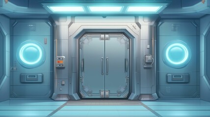 Wall Mural - Futuristic energy portal in an advanced technology chamber. A futuristic doorway set within a spaceship corridor, was made from metallic material. Concept art for virtual reality backgrounds. AIG35.