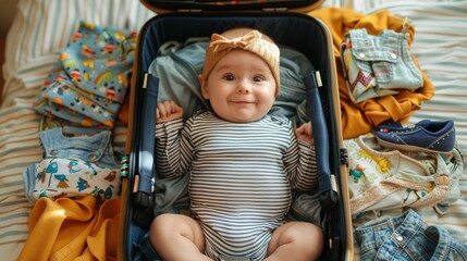 A cute baby dressed in a striped onesie and a headband lies in an open suitcase, surrounded by colorful clothes, showcasing a sense of travel and adventure.