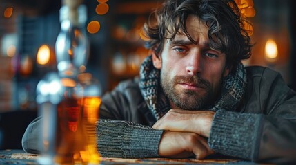 A man in casual attire sits at a bar with whiskey in front of him, appearing deep in thought or melancholic. The background features warm lighting and subtle decor.
