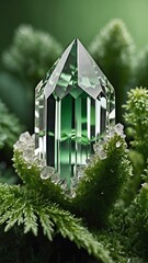 a single quartz crystal is featured on a pure green ba background