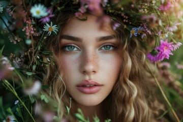 Canvas Print - Captivating portrait of a young woman adorned with a vibrant wreath of wildflowers, exuding natural beauty