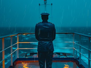 AI-Generated image of A man in a black uniform stands on a boat in the rain. The man is wearing a hat and a jacket. The scene is dark and moody, with the rain adding to the atmosphere