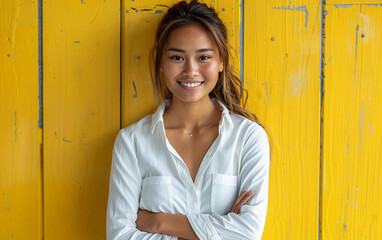 East Asian woman with crossed arms smiles in front of yellow wooden wall wearing white long-sleeve shirt with hair in ponytail