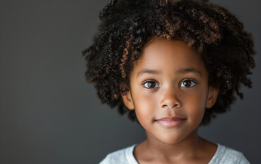 Wall Mural - A young child with curly black hair looks directly at the camera with a serious expression