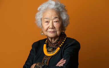 An elderly Asian woman with white hair and a serious expression poses for a portrait. She is wearing a black jacket, a yellow necklace, and gold earrings. The background is a solid orange color