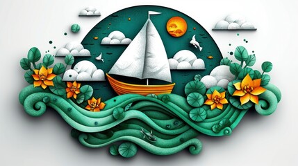 Wall Mural -  A circle-shaped lake with fish, lily pads and a boat on the surface of a water droplet in a vector style sticker design,