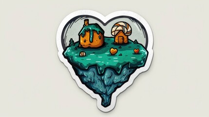  A heart-shaped candy land with sweets, gingerbread houses and lollipops on the surface of a sugar crystal in a vector style sticker design,