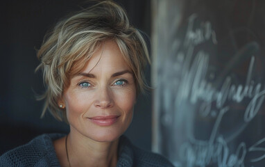 Poster - A close-up portrait of a beautiful middle-aged woman with short, blonde hair and blue eyes. She is smiling warmly at the camera, standing in front of a chalkboard