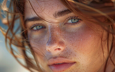 Wall Mural - A young woman with freckles and blue eyes gazes intently at the camera, her hair tousled by the wind