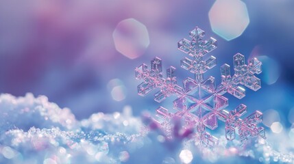 Wall Mural - Macro image of a beautiful snowflake on a blue background with copy space. Winter background