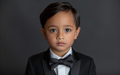 Wall Mural - A young child of Inuit descent poses for a portrait in a formal black suit and bow tie. They look directly at the camera with a serious expression